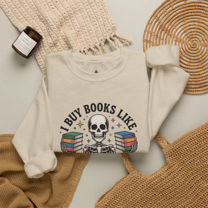Book Lover Sweatshirt — "I Buy Books Like I’m Immortal" Skeleton Reading Crewneck - Back has Northkind's blueprint for bookish heaven