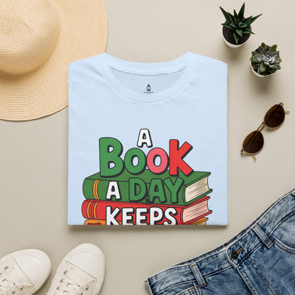 'A Book a Day Keeps Reality Away' T-Shirt — Stack of Books Graphic
