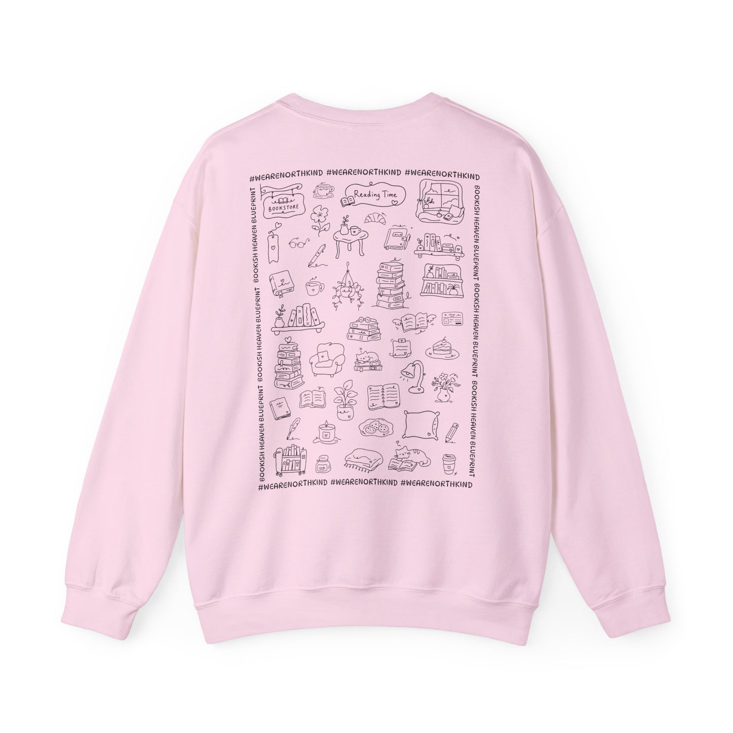 Book Lover Sweatshirt — "I Buy Books Like I’m Immortal" Skeleton Reading Crewneck - Back has Northkind's blueprint for bookish heaven