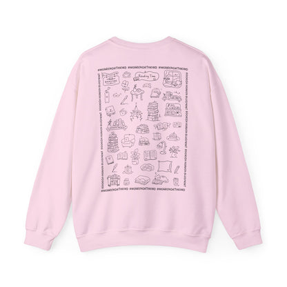 Book Lover Sweatshirt — "I Buy Books Like I’m Immortal" Skeleton Reading Crewneck - Back has Northkind's blueprint for bookish heaven