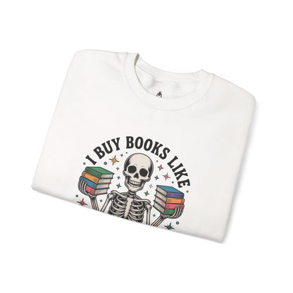 Book Lover Sweatshirt — "I Buy Books Like I’m Immortal" Skeleton Reading Crewneck - Back has Northkind's blueprint for bookish heaven
