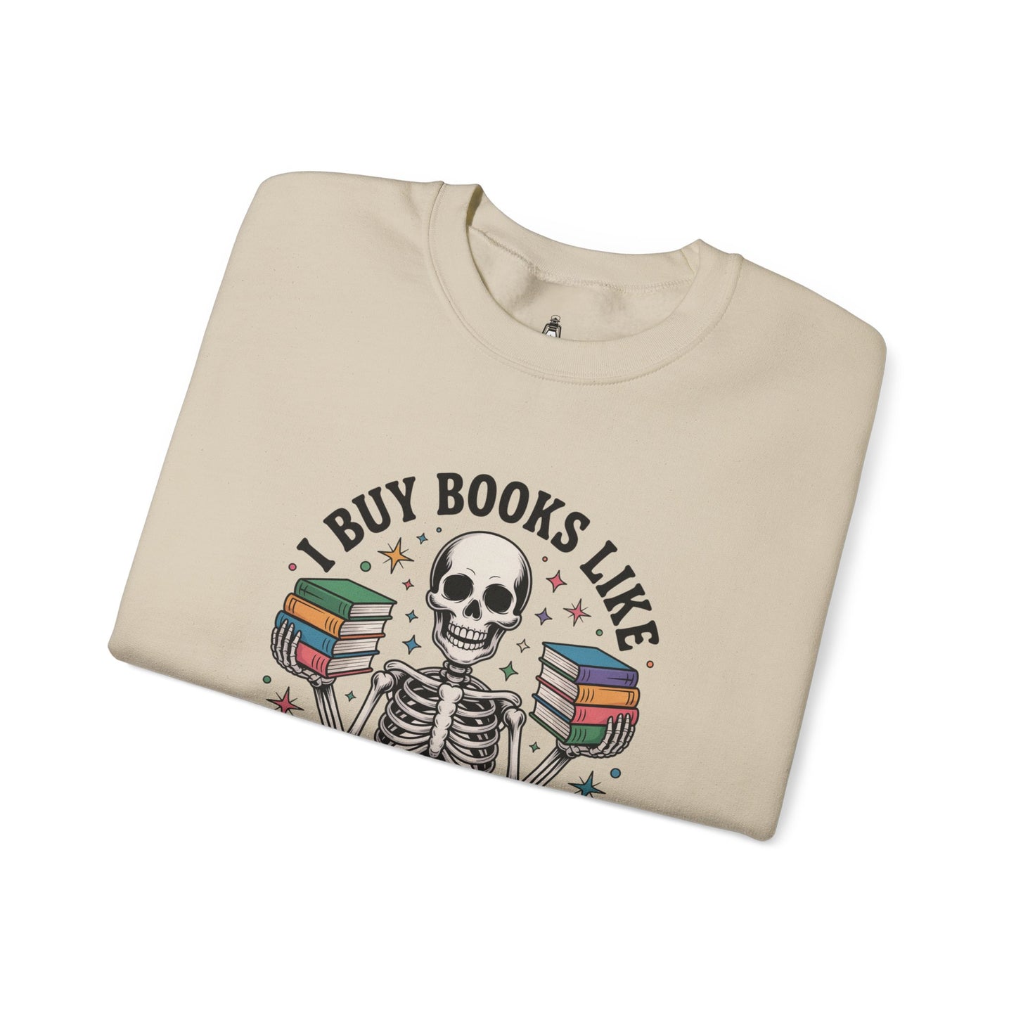 Book Lover Sweatshirt — "I Buy Books Like I’m Immortal" Skeleton Reading Crewneck - Back has Northkind's blueprint for bookish heaven