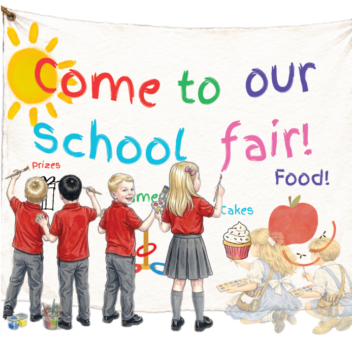 Illustration of children painting a banner to advertise a school fair, from the children's picture book The Haunting That Helped by Rachel Forbes, published by Northkind Press Ltd