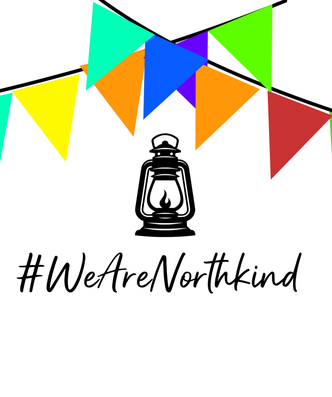 Colorful triangular flags with lantern icons and 'Northkind' branding on a white background.