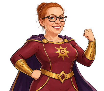 Cartoon image of Northkind Press founder, Rachel Forbes, dressed as a superhero in a red and purple costume with a sun emblem on a white background